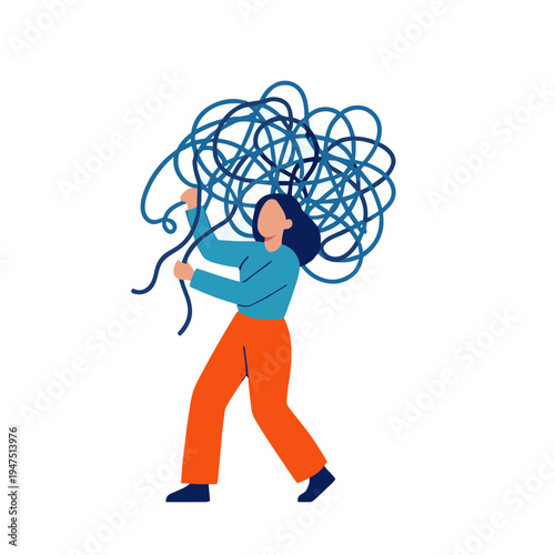A woman struggles to manage a large bundle of tangled blue wires while walking.