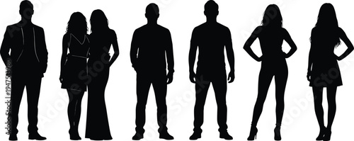 Group of people silhouettes including men and women standing in different poses isolated black vector set representing diverse characters, fashion figures, and urban lifestyle concept