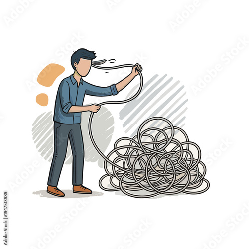 Man untangling a huge mess of wires with frustration