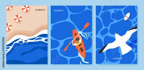 A set of minimal flat vector illustrations featuring a beach landscape, a person kayaking, and seagulls from a top-down perspective.
