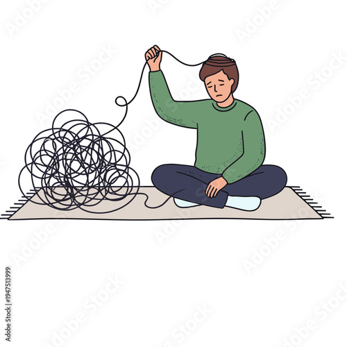 A man sits cross-legged on the floor unravelling a large tangled ball of black wire