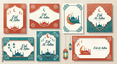 A collection of seven beautifully designed Eid Al Adha greeting cards featuring Islamic motifs, mosques, crescent moons, and traditional patterns in a warm color palette.