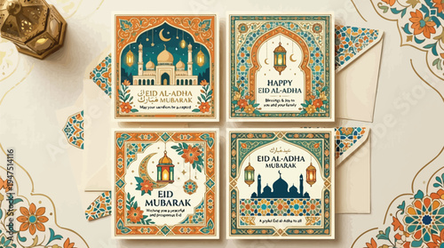 Four beautifully designed Eid al-Adha and Eid Mubarak greeting cards featuring mosques, crescent moons, lanterns, and intricate Islamic patterns on a decorative background.