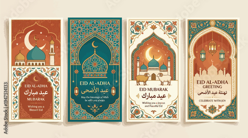 Four beautifully designed Eid al-Adha greeting cards featuring traditional Islamic architecture, crescent moons, stars, and festive motifs, perfect for religious celebrations.