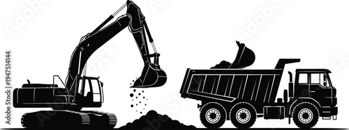 Heavy excavator digging and loading soil into tipper dump truck silhouette isolated on white background, construction site machinery flat vector illustration cad drawing.