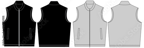 Modern black vest mockup with zipper front and back view. Vector illustration