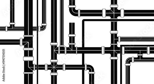 Industrial Pipe Network Vector Silhouette Illustration Featuring Complex Plumbing System Infrastructure Interconnected Water Gas Pipeline Tubes Engineering 