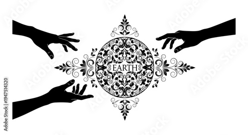 Hands reaching towards an intricate geometric and symmetrical abstract design. Vector, illustration