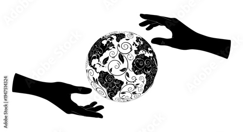 Hands gently cradling a fragmented globe symbolizing global unity and collaboration Vector, illustration