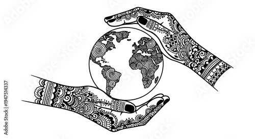 Two hands gently cradling a globe symbolizing global unity and cooperation. Vector, illustration