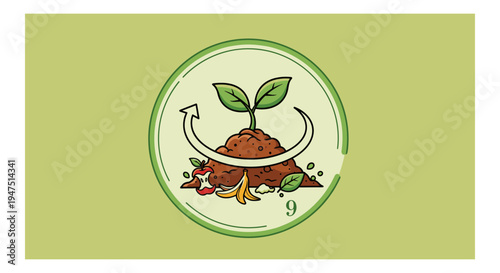 Circular logo featuring a plant sprouting from a compost pile with green and brown elements Vector, illustration
