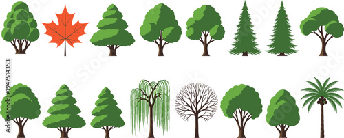 Large collection of flat vector tree icons featuring green leafy oaks, maples, pines, weeping willows, and palm trees for nature landscape and environmental design.
