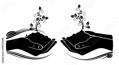 Hands holding soil with a small plant growing in each mound of earth Vector, illustration