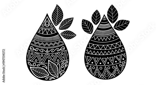 Intricate tattoo-inspired designs of stylized teardrop shapes with leaf motifs on a plain background Vector, illustration
