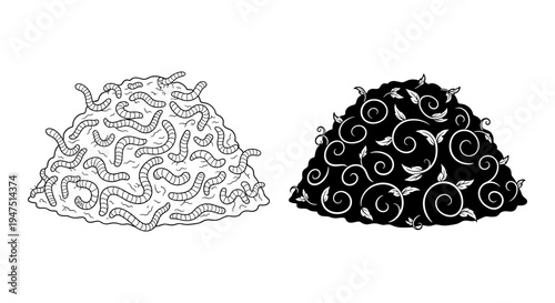 Intricate black and white swirling patterns on conical shapes with ornate detailing. Vector, illustration