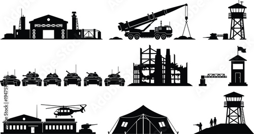 Large collection of black silhouettes featuring military base infrastructure tanks helicopters missile launchers watchtowers and army tents isolated on white for tactical defense vector designs.