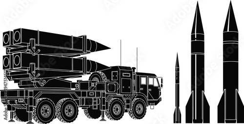 Military missile launcher truck and ballistic rocket silhouette set isolated on white background, army defense system weapon flat vector illustration cad drawing design.