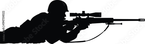 Military sniper soldier silhouette lying prone and aiming scoped rifle isolated black vector illustration representing tactical combat, special forces operations, modern warfare, and defense strategy 