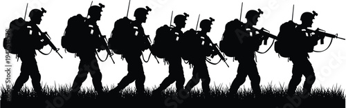 Military soldier silhouette vector collection of infantry squad marching with rifles and backpacks, army combat troops training set isolated on white background illustration