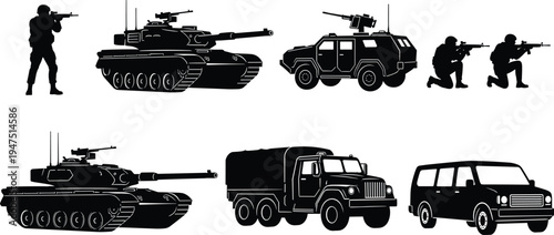 Military Vehicles and Soldiers Silhouette Set Featuring Battle Tanks Armored Cars Infantry Troops Heavy Trucks and Tactical Vans for War and Defense Design Projects