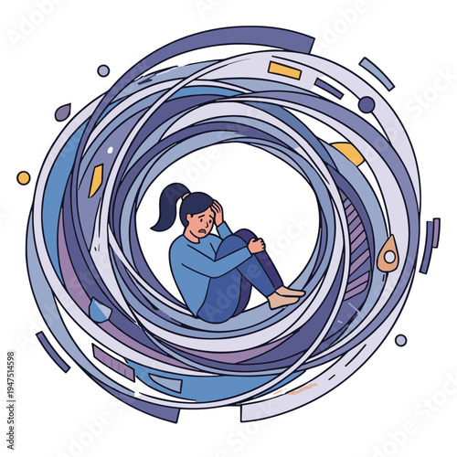 A woman sits curled up in a swirling tunnel of abstract shapes and lines.