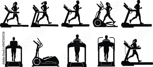 People running on treadmill and elliptical machine silhouette set isolated on white, gym fitness workout training exercise equipment flat vector illustration cad drawing.