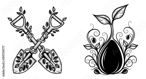 Intricate black and white decorative motifs featuring crossed tools and a stylized plant with seed pod Vector, illustration