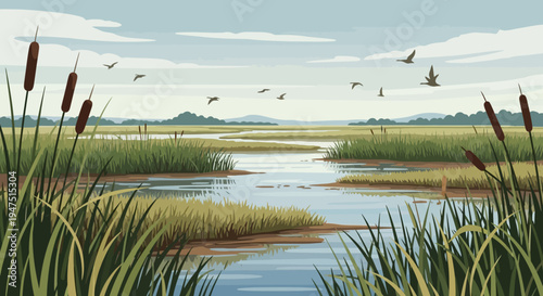 Illustration of a serene wetland ecosystem on World Wetlands Day featuring a Crane and birds flying over water with cattails and lush greenery in the foreground against a blue sky