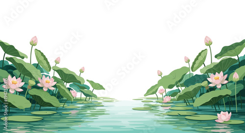 Illustration of a serene wetland ecosystem with pink lotus flowers and green lily pads on a calm water surface, celebrating World Wetlands Day with a natural, artistic design on a white