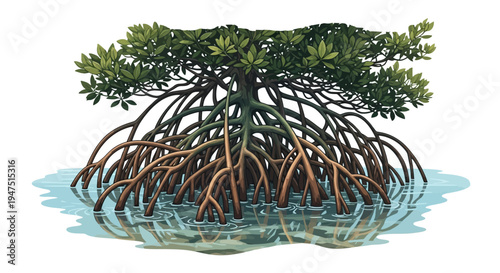 Illustration of a mangrove tree with exposed roots in a wetland ecosystem on World Wetlands Day, highlighting wetland conservation.