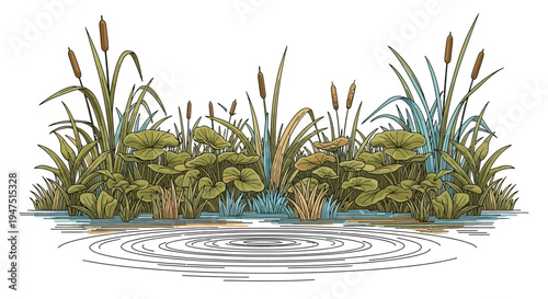 Illustration of a serene wetland ecosystem with cattails, lily pads, and ripples in the water on a white background, highlighting wetland conservation on World Wetlands Day.