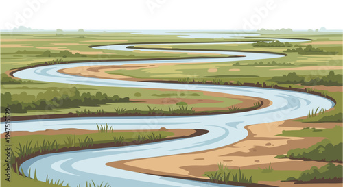 Illustration of a winding river through a wetland ecosystem on World Wetlands Day, featuring a serene landscape with lush greenery and a crane in the background.