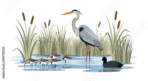 Illustration of a heron, ducks, and small birds in a wetland ecosystem with cattails on World Wetlands Day, promoting conservation and awareness.