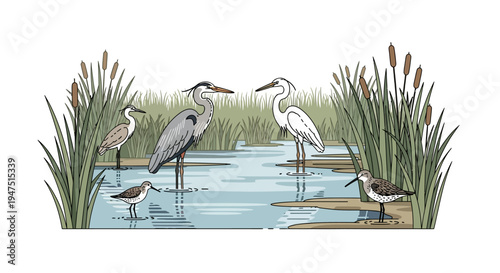 Illustration of a wetland ecosystem with various birds including cranes and herons standing amidst cattails and water on World Wetlands Day, promoting wetland conservation.
