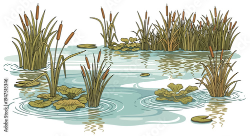 Illustration of a serene wetland ecosystem with cattails, lily pads, and rippling water on a clean white background, highlighting wetland conservation on World Wetlands Day.