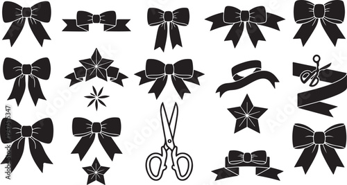 Black and white illustration of ribbons and bows collection