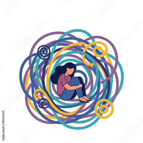 A woman sits surrounded by swirling colorful lines depicting emotions and chaos.