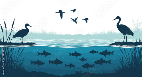 Illustration of a wetland ecosystem with cranes, fish, and birds on World Wetlands Day, highlighting wetland conservation and the beauty of nature.