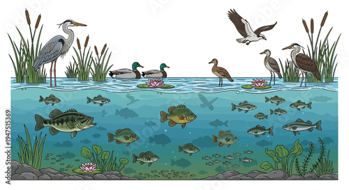 Illustration of a wetland ecosystem with various birds, fish, and plants on World Wetlands Day, highlighting wetland conservation and the beauty of nature.