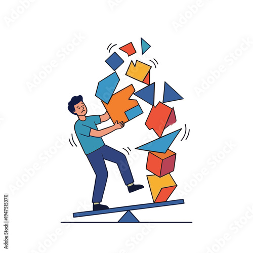 Man balancing on seesaw with colorful puzzle pieces falling