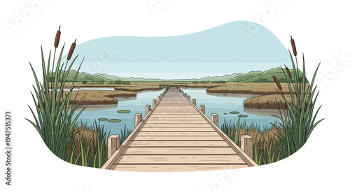 Illustration of a wooden boardwalk extending into a serene wetland ecosystem on World Wetlands Day with lush vegetation and a clear blue sky background.