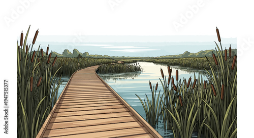 Illustration of a winding wooden boardwalk through a serene wetland ecosystem on World Wetlands Day with lush vegetation and calm waters in the background.
