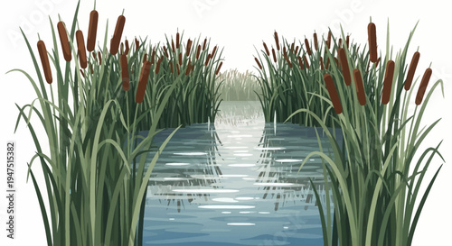 Illustration of a serene wetland ecosystem with cattails and water on a clean white background, highlighting wetland conservation on World Wetlands Day.