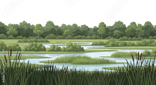 Illustration of a serene wetland ecosystem with lush greenery and water bodies in a natural setting on World Wetlands Day, promoting wetland conservation.