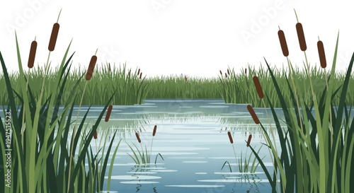 Illustration of a serene wetland ecosystem with cattails and a body of water on World Wetlands Day, promoting conservation and awareness of wetland environments.