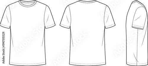 Crew neck t shirt front back and side view technical template, short sleeve apparel CAD drawing flat vector illustration