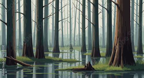 Illustration of a serene wetland ecosystem with tall trees and calm water for World Wetlands Day conservation efforts.