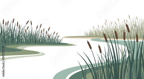 Illustration of a serene wetland ecosystem with winding waterways and lush vegetation on a clean white background, celebrating World Wetlands Day and conservation efforts through design and