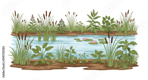 Illustration of a serene wetland ecosystem with lush vegetation, a tranquil pond, and a crane, highlighting wetland conservation on World Wetlands Day.