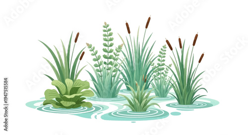 Illustration of a serene wetland ecosystem with various plants and cattails on a clean white background, celebrating World Wetlands Day and conservation.